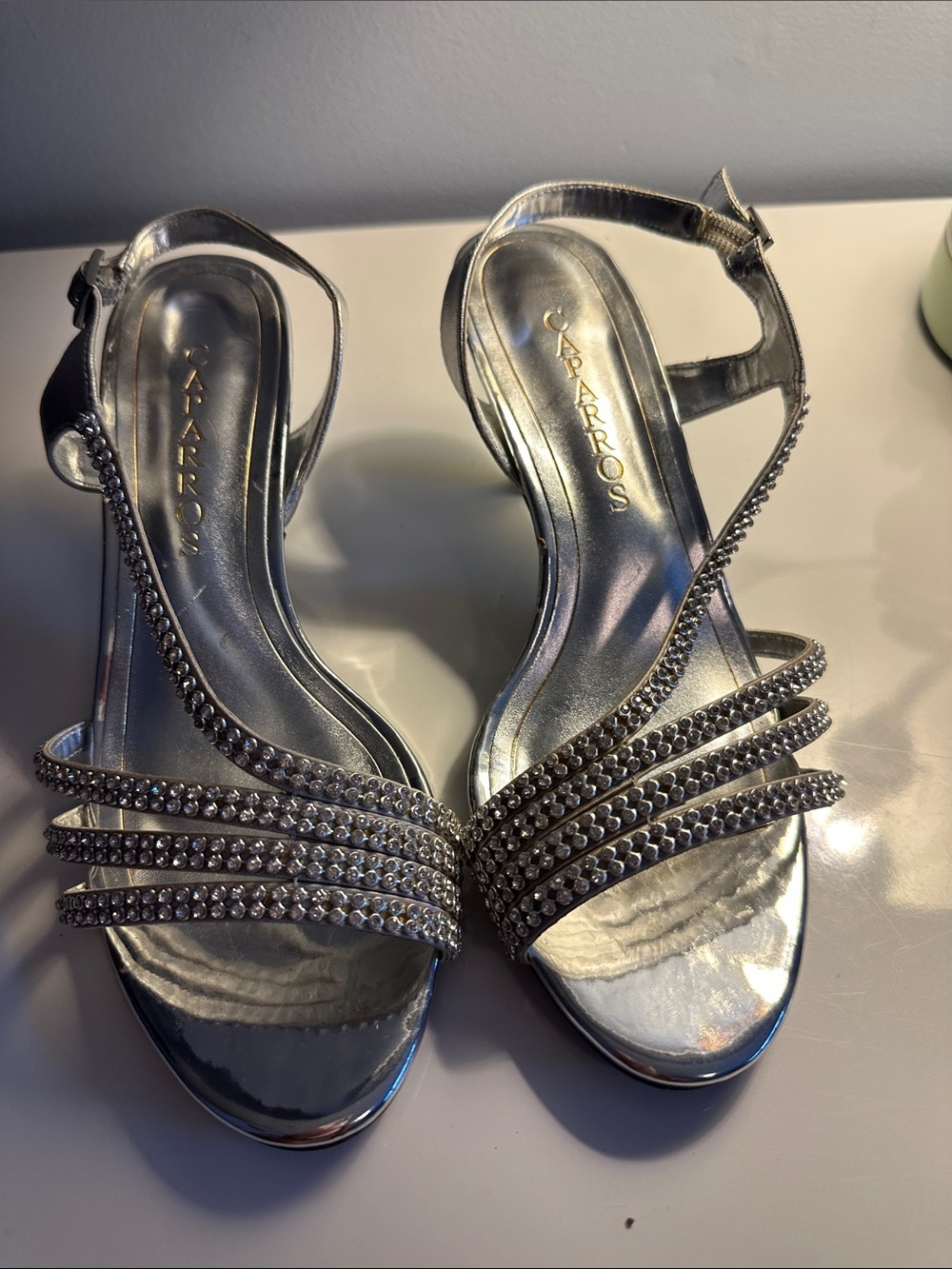 Caparros Silver Crystal-Strap Evening Sandals